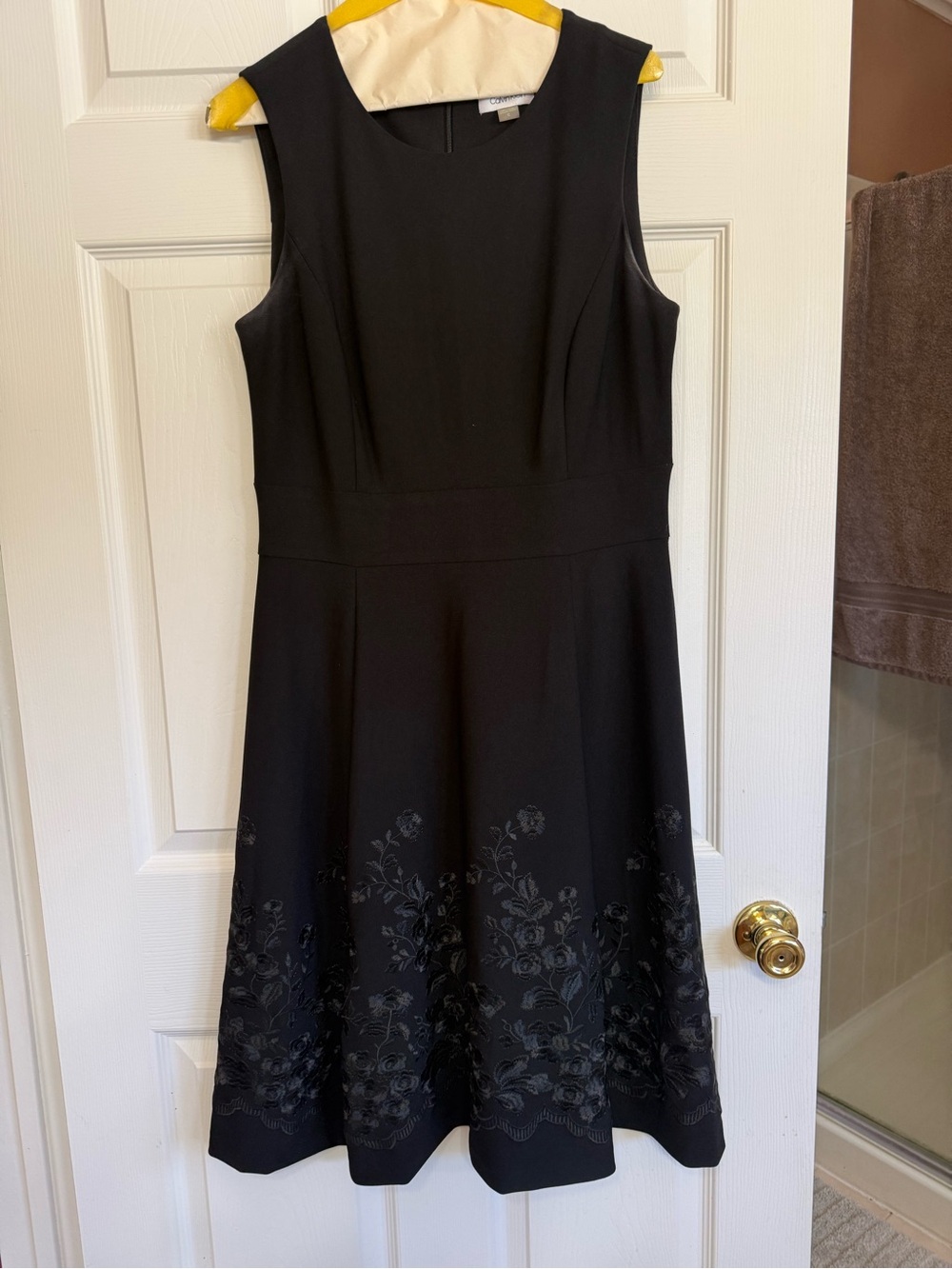 Calvin Klein Black Sleeveless A-Line Dress with Floral Hem